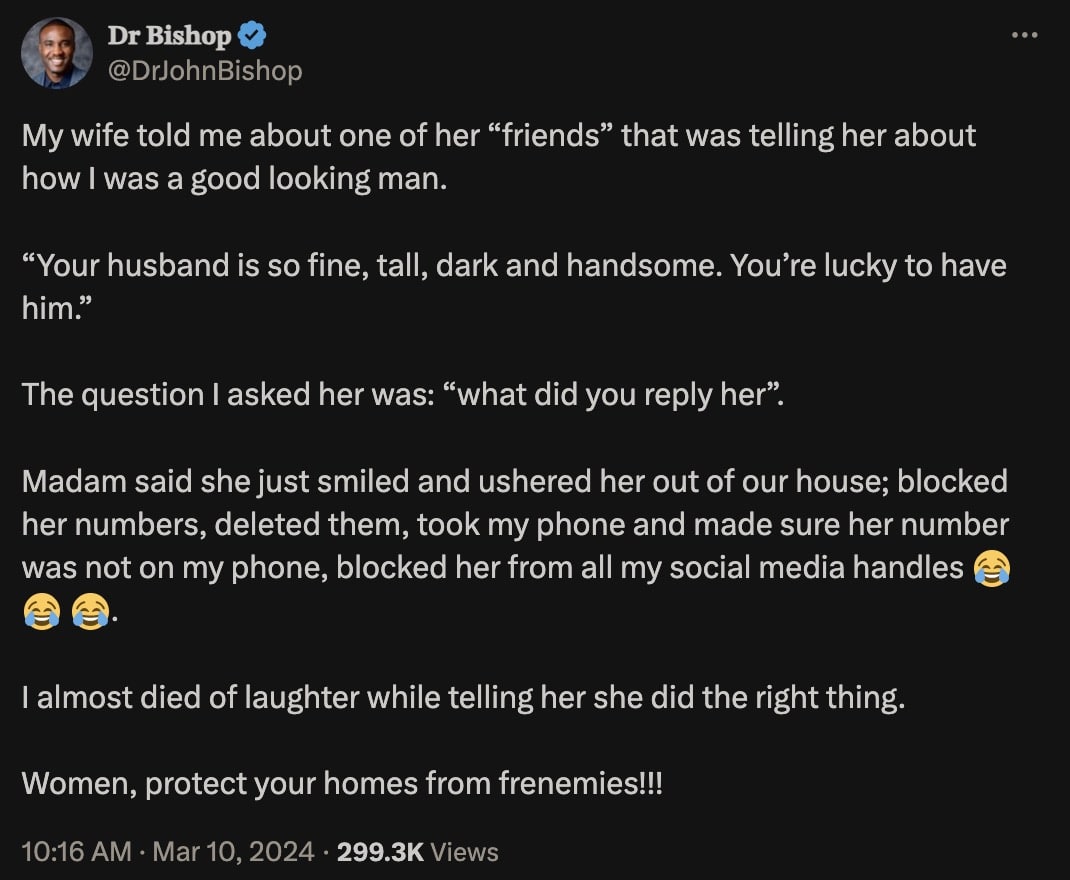 Wife blocks female friend for gushing over her husband's handsomeness
